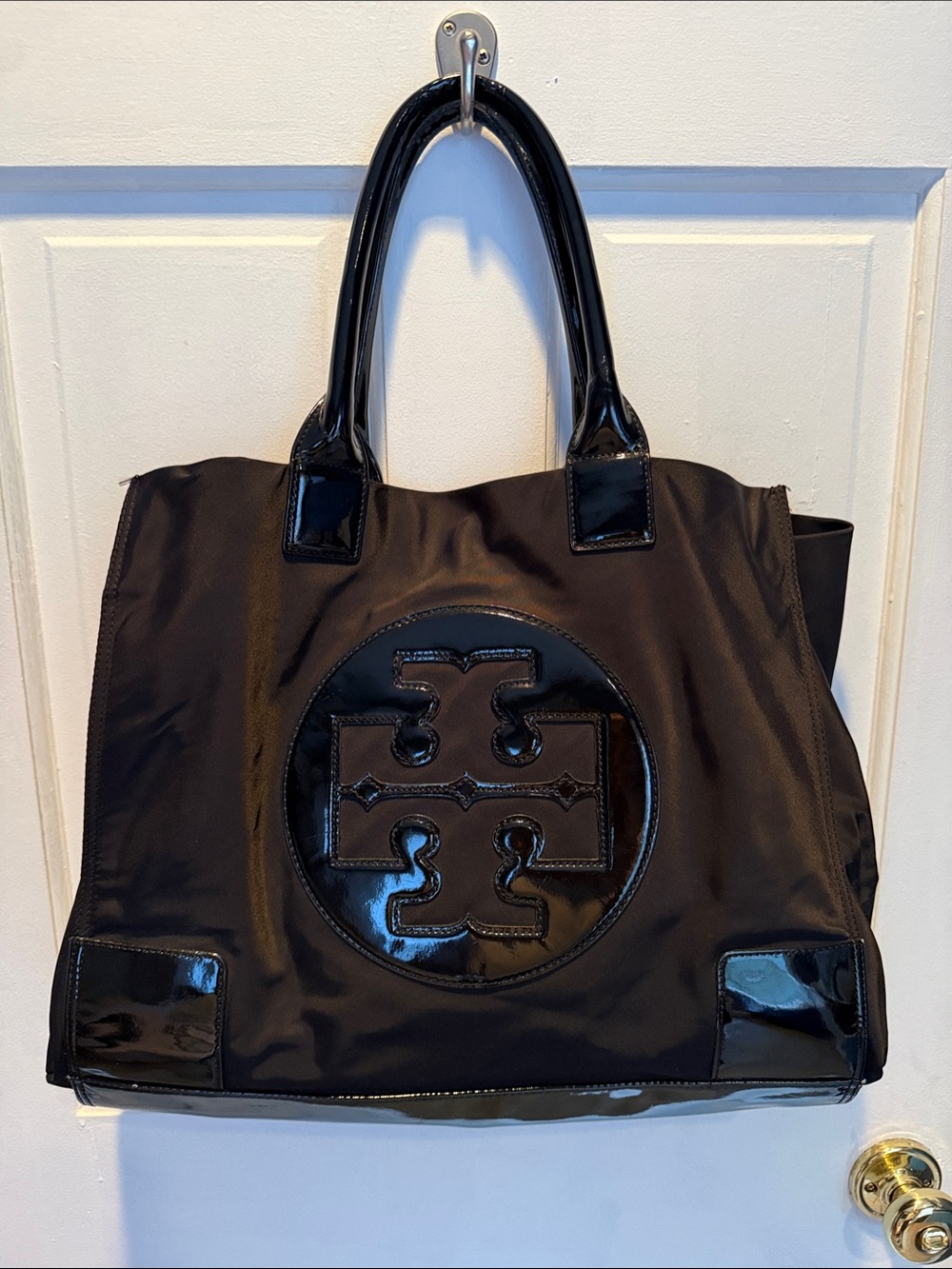 Tory Burch Black Patent Trim Logo Tote - Large